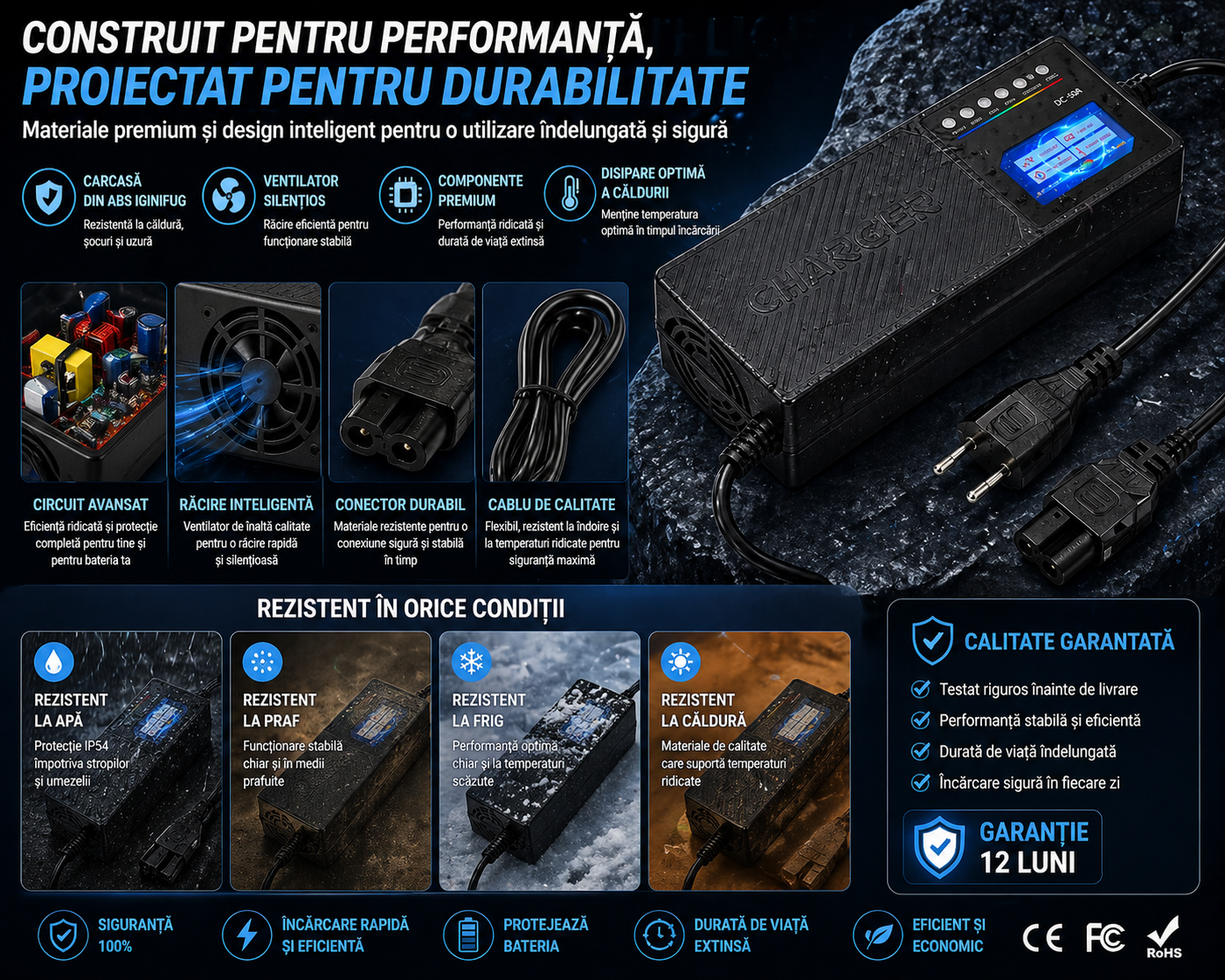 Încărcător Inteligent 48V 20Ah pentru Biciclete și Trotinete Electrice – Compatibil cu Baterii Plumb-Acid, Protecție Smart și Încărcare Rapidă