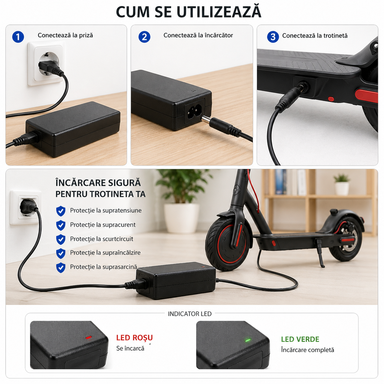 Încărcător Inteligent Li-Ion 42V/2A pentru Trotinete Electrice, Hoverboard, Skateboard Electric și Scooter – Culoare Neagră