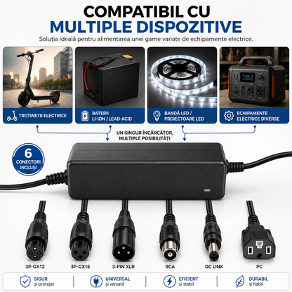 Încărcător Li-ion 67,2V/2A cu 6 Capete de Conectare pentru Trotinete Electrice, Biciclete, Hoverboard și Scooter – Negru