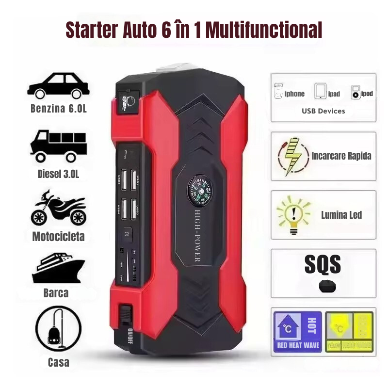 Starter Auto 6 în 1 Multifuncțional – Jump Starter Mașină, Power Bank USB, Încărcare Rapidă, Lanternă LED și SOS