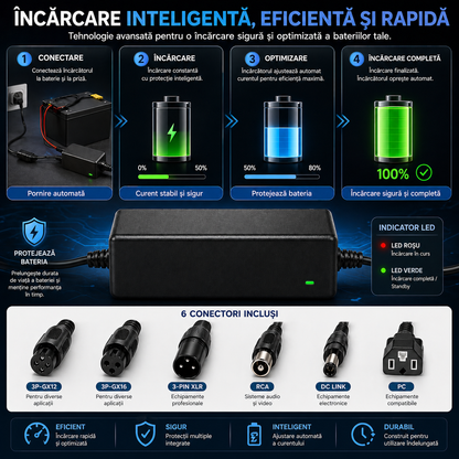 Încărcător Li-ion 67,2V/2A cu 6 Capete de Conectare pentru Trotinete Electrice, Biciclete, Hoverboard și Scooter – Negru