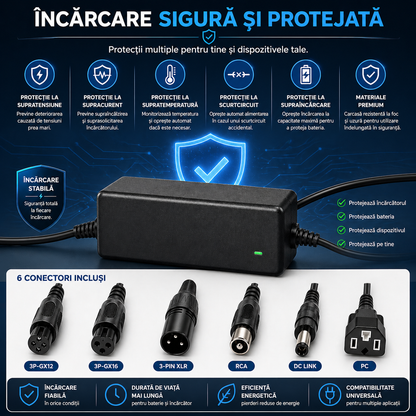 Încărcător Li-ion 12,6V/2A cu 6 Capete de Conectare pentru Trotinete Electrice, Biciclete, Hoverboard și Scooter – Negru