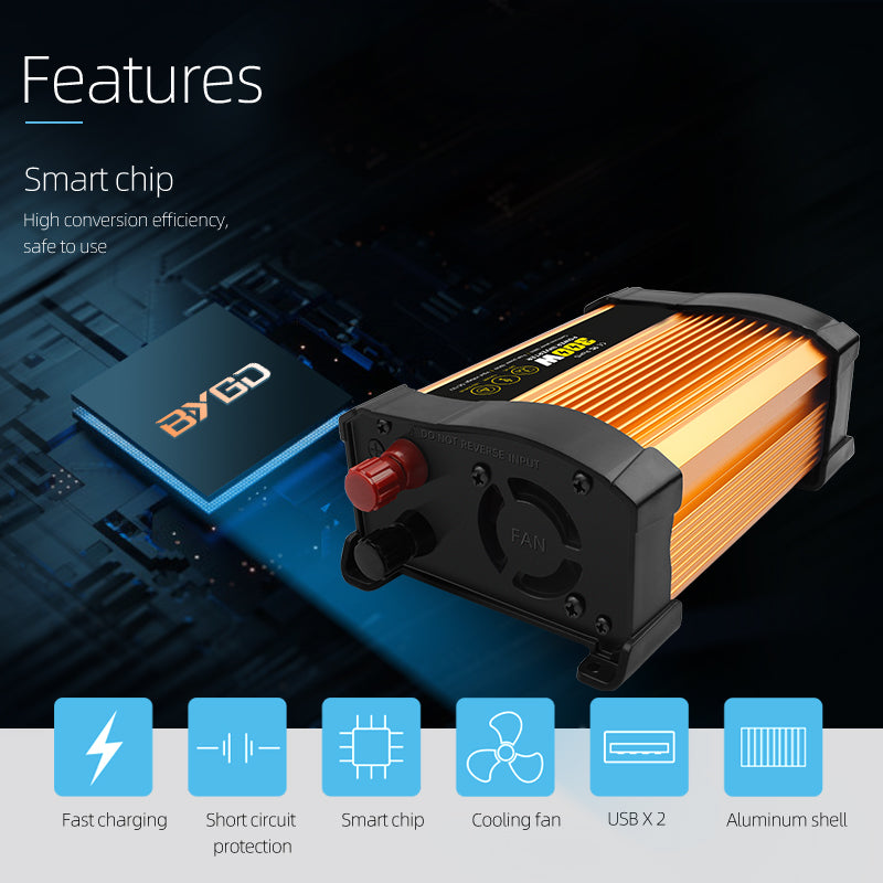 Invertor Auto 300W 12V–220V, Priză AC și Port USB, Convertor Curent Puternic pentru Mașină, Camper și Rulotă, Ventilator de Răcire, Protecții Multiple