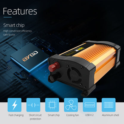 Invertor Auto 300W 12V–220V, Priză AC și Port USB, Convertor Curent Puternic pentru Mașină, Camper și Rulotă, Ventilator de Răcire, Protecții Multiple