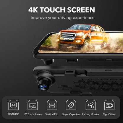 Oglindă Retrovisoare cu Cameră Auto Duală Față + Spate, Dash Cam Full HD, Ecran Touch 10″, Cameră Marșarier Impermeabilă, Night Vision, Înregistrare în Buclă