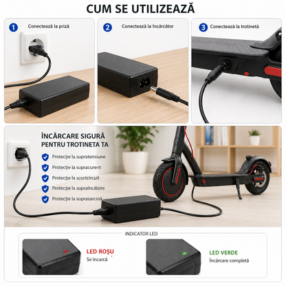 Încărcător Inteligent Li-Ion 42V/2A pentru Trotinete Electrice, Hoverboard, Skateboard Electric și Scooter – Culoare Neagră