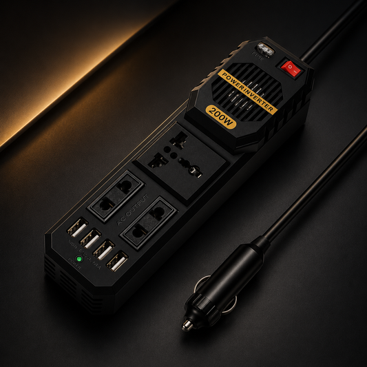 Invertor Auto 200W 12V–220V cu Priză AC și Porturi USB, Alimentare la Brichetă, Convertor Curent pentru Laptop, Telefon și Gadgeturi, Ideal pentru Mașină, Camping și Drumuri Lungi, Protecții Multiple