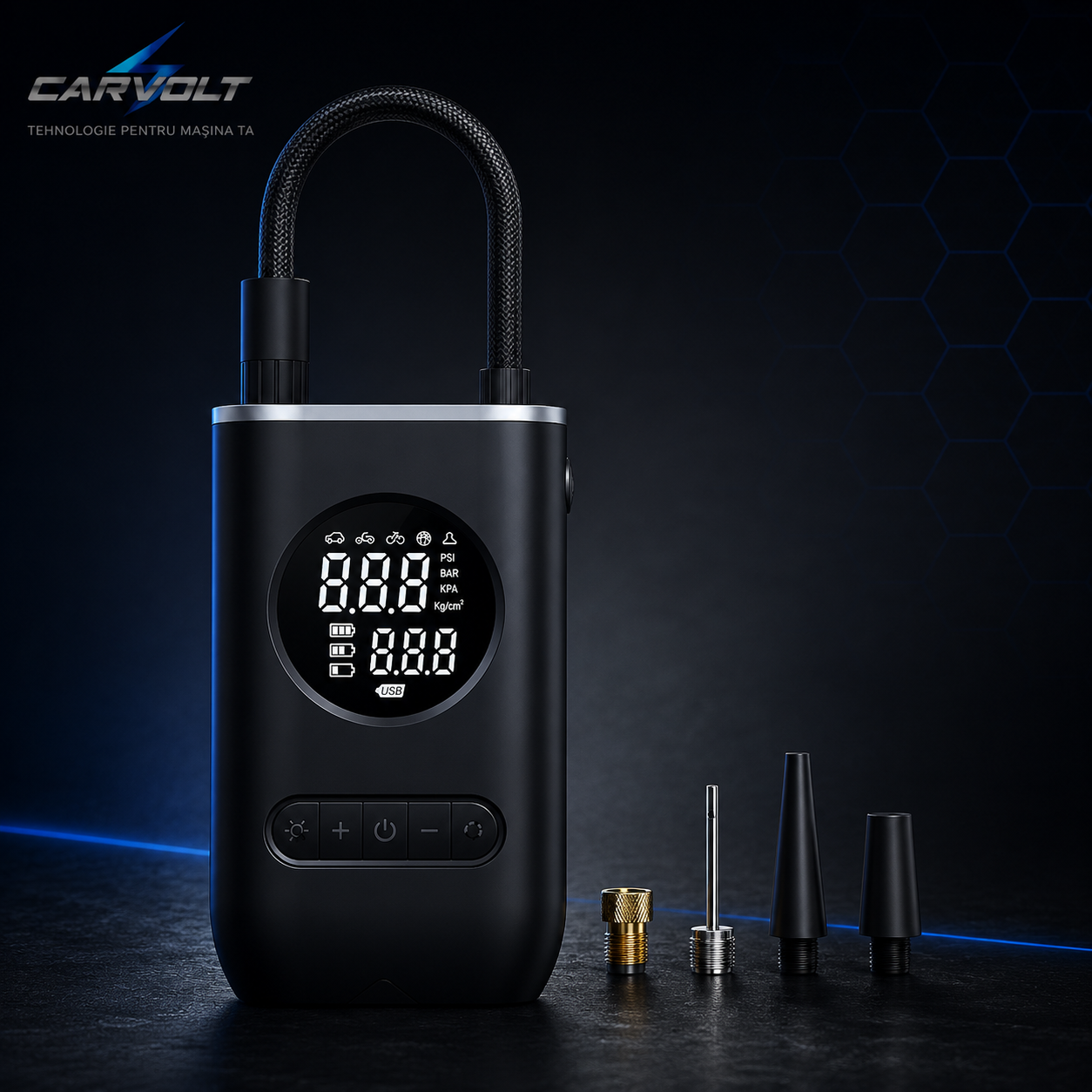 Compresor de Aer Portabil cu Afișaj Digital și Manometru – Pompa pentru Anvelope cu Lanternă LED, Încărcare USB Tip C, 5 Moduri Presetate pentru Bicicletă, Mașină, Motocicletă și Minge