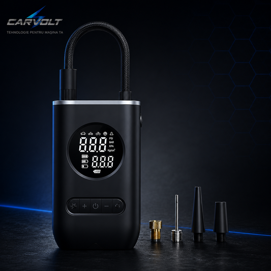 Compresor de Aer Portabil cu Afișaj Digital și Manometru – Pompa pentru Anvelope cu Lanternă LED, Încărcare USB Tip C, 5 Moduri Presetate pentru Bicicletă, Mașină, Motocicletă și Minge