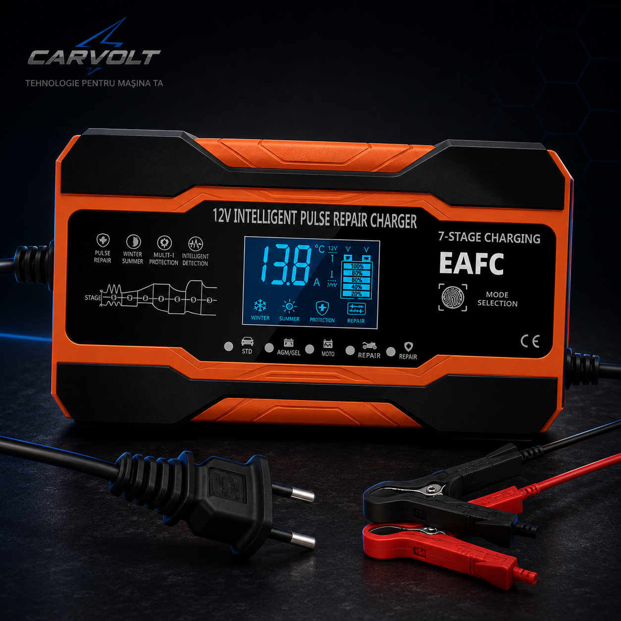 Redresor Auto Inteligent 12V cu Reparație Puls, Afișaj LCD, pentru Baterii AGM, GEL, EFB și Plumb-Acid, Auto și Motocicletă, Protecții Multiple
