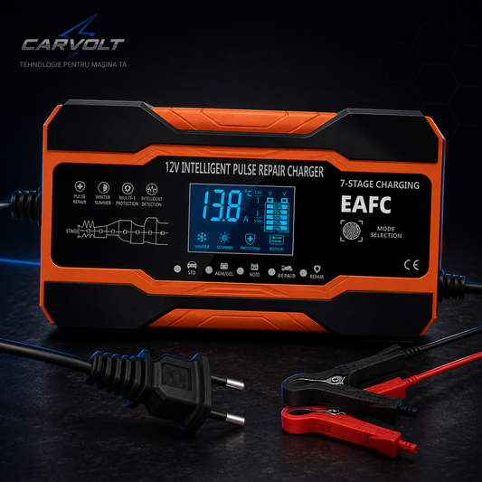 Redresor Auto Inteligent 12V cu Reparație Puls, Afișaj LCD, pentru Baterii AGM, GEL, EFB și Plumb-Acid, Auto și Motocicletă, Protecții Multiple