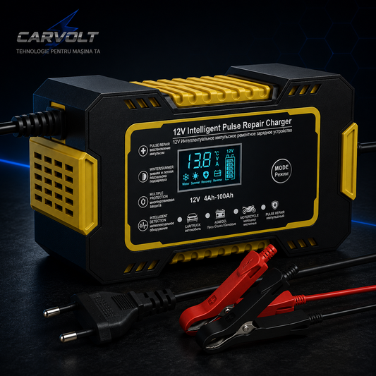 Redresor Auto Inteligent 12V cu Pulse Repair, Display LCD, Încărcare Rapidă, pentru Baterii AGM, GEL și Plumb-Acid, Auto și Motocicletă, Galben