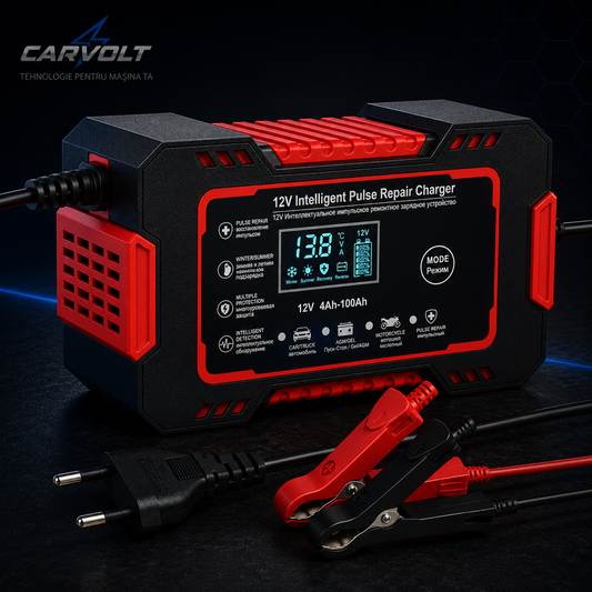 Redresor Auto Inteligent 12V cu Pulse Repair, Display LCD, Încărcare Rapidă, pentru Baterii AGM, GEL și Plumb-Acid, Auto și Motocicletă, Rosu