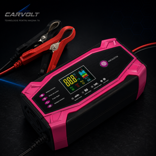 Redresor Auto Inteligent 12V / 24V 10A cu Smart Pulse Repair, Afișaj LCD, Încărcare Automată, Protecții Complete, Mod Iarnă și Vară, pentru Auto și Motocicletă, Roz