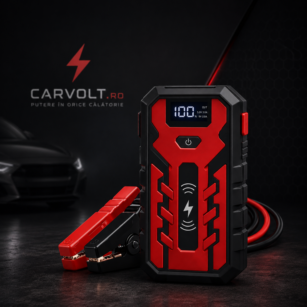 Starter Auto CarVolt 4 în 1 – Pornire de Urgență, Lanternă LED, Power Bank si Încărcare Wireless