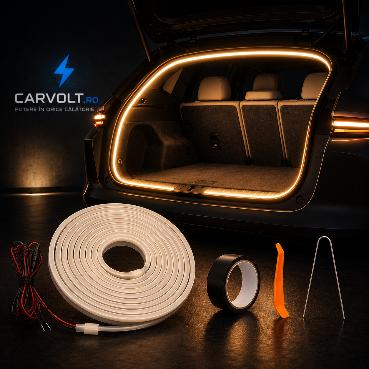 Bandă LED Auto 5M Portbagaj 12V – Iluminare LED Alb Cald 3200K, Waterproof, Flexibilă, Universală