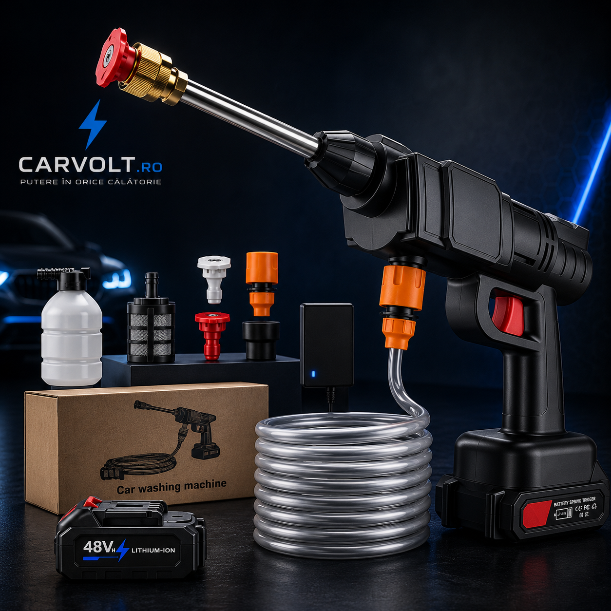 Aparat de Spălat cu Presiune Portabil 48V, Pistol Spălare Auto Fără Fir, Acumulator, Aspirare Apă din Găleată, Set Complet Accesorii