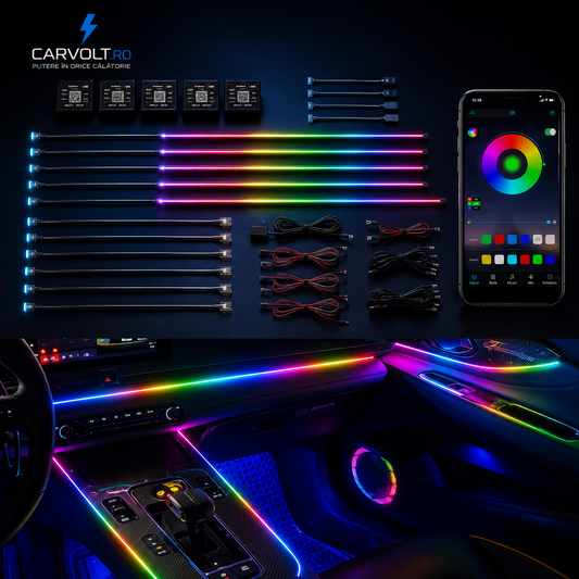 Kit Lumini Ambientale LED RGB Auto 18 Piese cu Aplicație – Iluminare Interior Mașină Multicoloră Premium