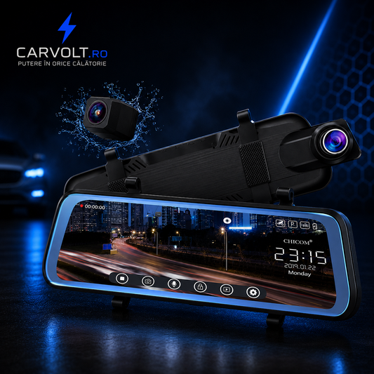 Oglindă Retrovisoare cu Cameră Auto Duală Față + Spate, Dash Cam Full HD, Ecran Touch 10″, Cameră Marșarier Impermeabilă, Night Vision, Înregistrare în Buclă