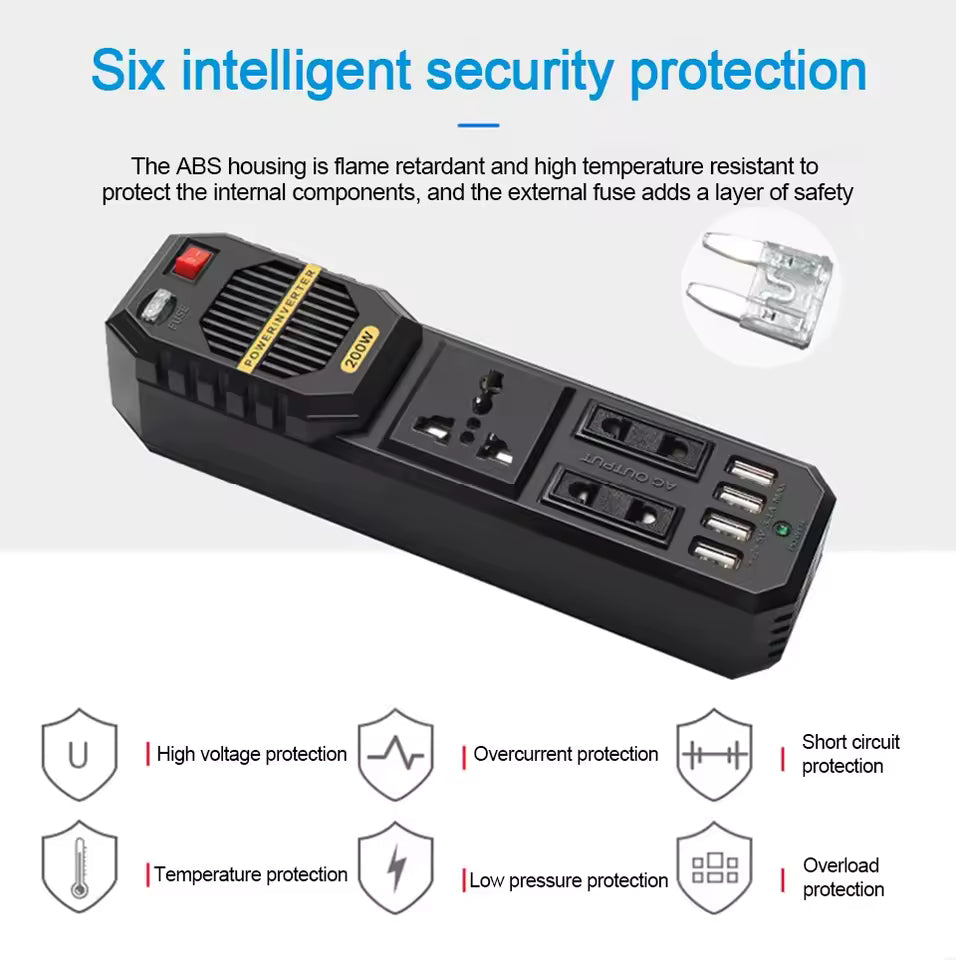 Invertor Auto 200W 12V–220V cu Priză AC și Porturi USB, Alimentare la Brichetă, Convertor Curent pentru Laptop, Telefon și Gadgeturi, Ideal pentru Mașină, Camping și Drumuri Lungi, Protecții Multiple