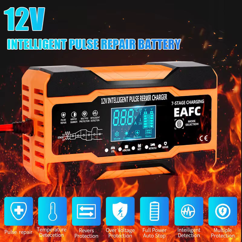 Redresor Auto Inteligent 12V cu Reparație Puls, Afișaj LCD, pentru Baterii AGM, GEL, EFB și Plumb-Acid, Auto și Motocicletă, Protecții Multiple
