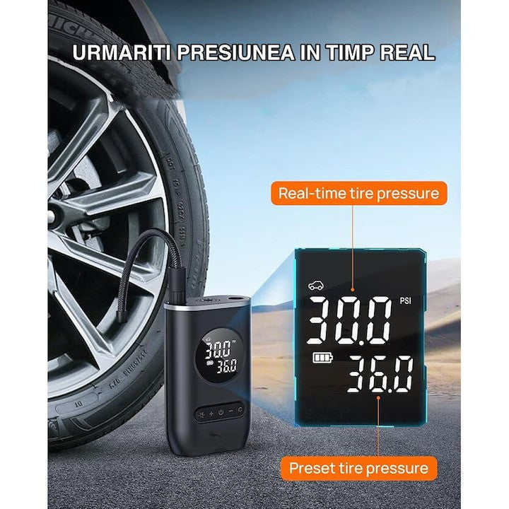 Compresor de Aer Portabil cu Afișaj Digital și Manometru – Pompa pentru Anvelope cu Lanternă LED, Încărcare USB Tip C, 5 Moduri Presetate pentru Bicicletă, Mașină, Motocicletă și Minge