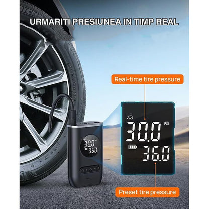 Compresor de Aer Portabil cu Afișaj Digital și Manometru – Pompa pentru Anvelope cu Lanternă LED, Încărcare USB Tip C, 5 Moduri Presetate pentru Bicicletă, Mașină, Motocicletă și Minge